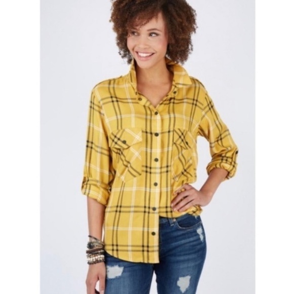 Sanctuary PLAID BOYFRIEND SHIRT yellow pockets - Picture 2 of 12